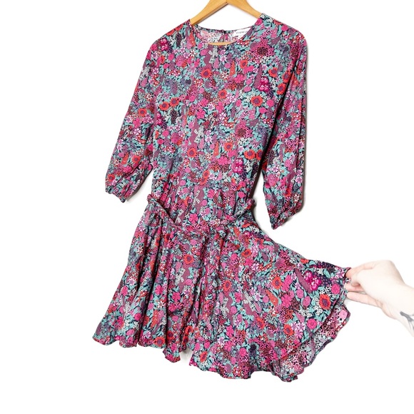 Evereve Women’s Floral Pink Blue Belted Mini Full Skirt Bohemian Formal Dress - Picture 11 of 16